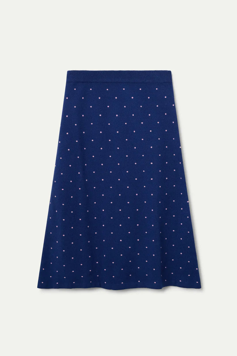 FALDA MIDI PUNTO JACQUARD ESTAMPADO TOPOS MINI NAVY BLUE Y ROSA COMPAÑÍA FANTÁSTICA