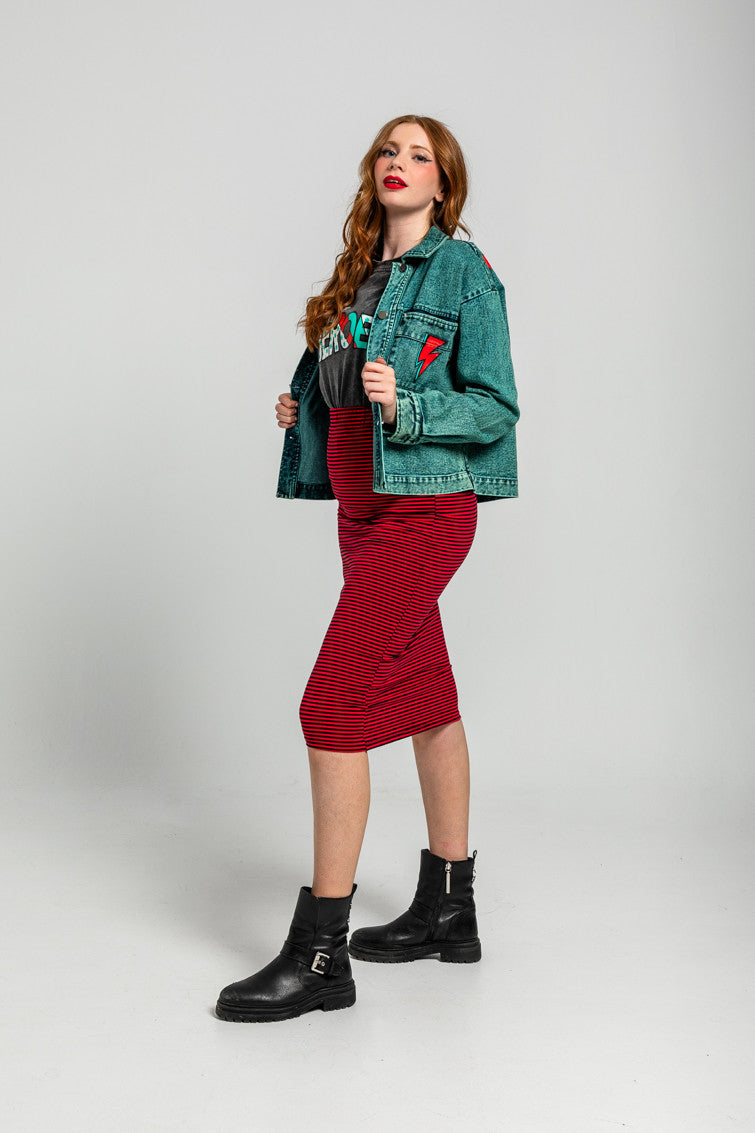 FALDA MIDI ELÁSTICA DE RAYA ROJA Y NEGRA LOLINA