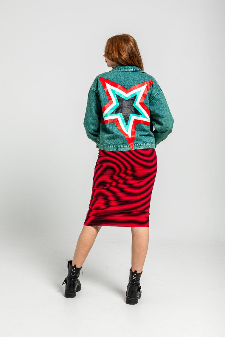 FALDA MIDI ELÁSTICA DE RAYA ROJA Y NEGRA LOLINA