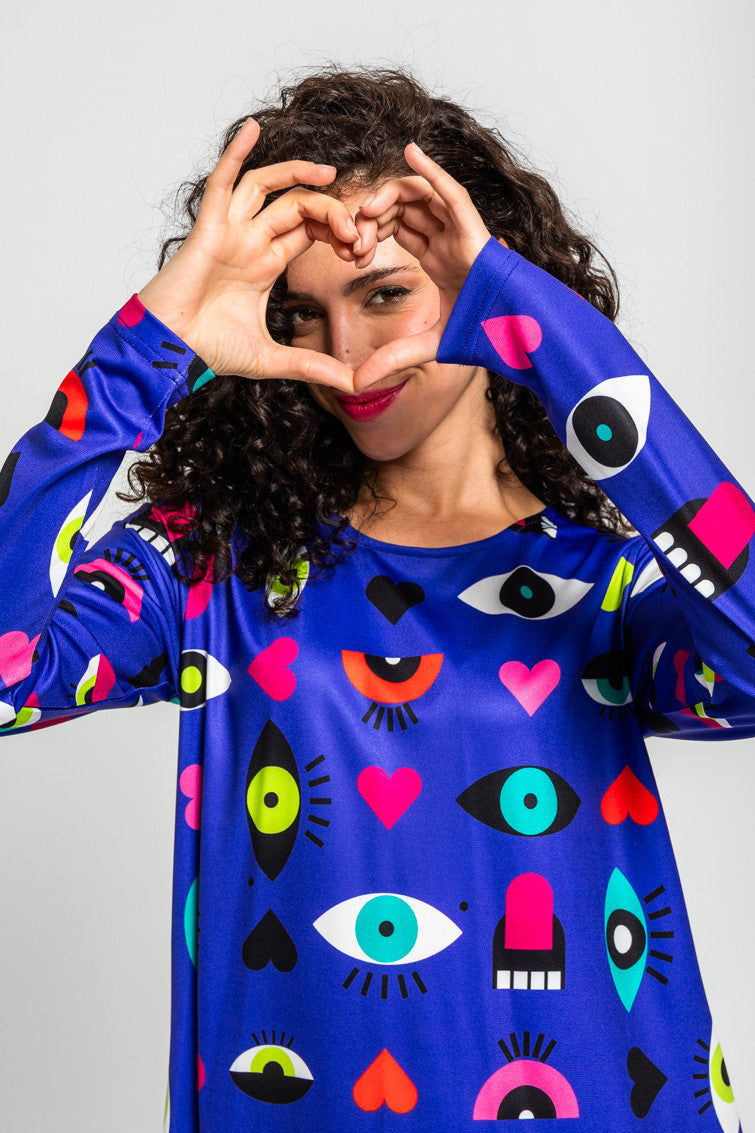 VESTIDO CORTE A DE OJOS, CORAZONES Y BOCAS LOLINA