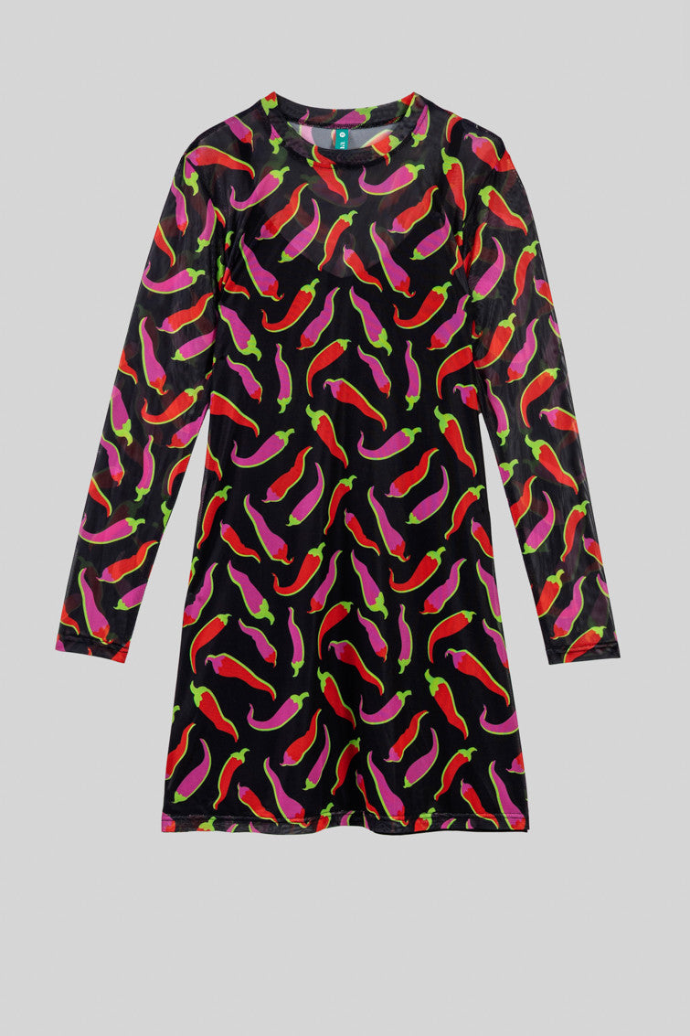 VESTIDO MINI DE TUL CON CHILIS ROSAS Y ROJOS PICANTE LOLINA