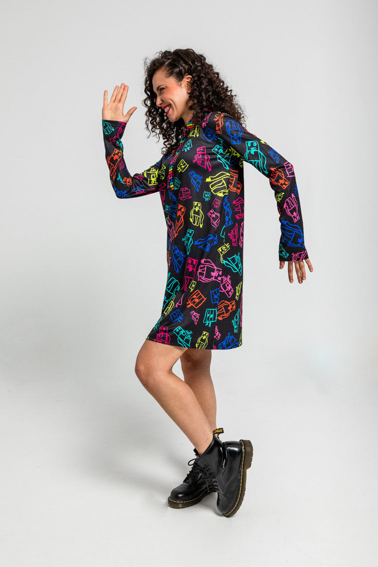 VESTIDO POLO DE GARABATOS DE ROBOTS MULTICOLOR LOLINA