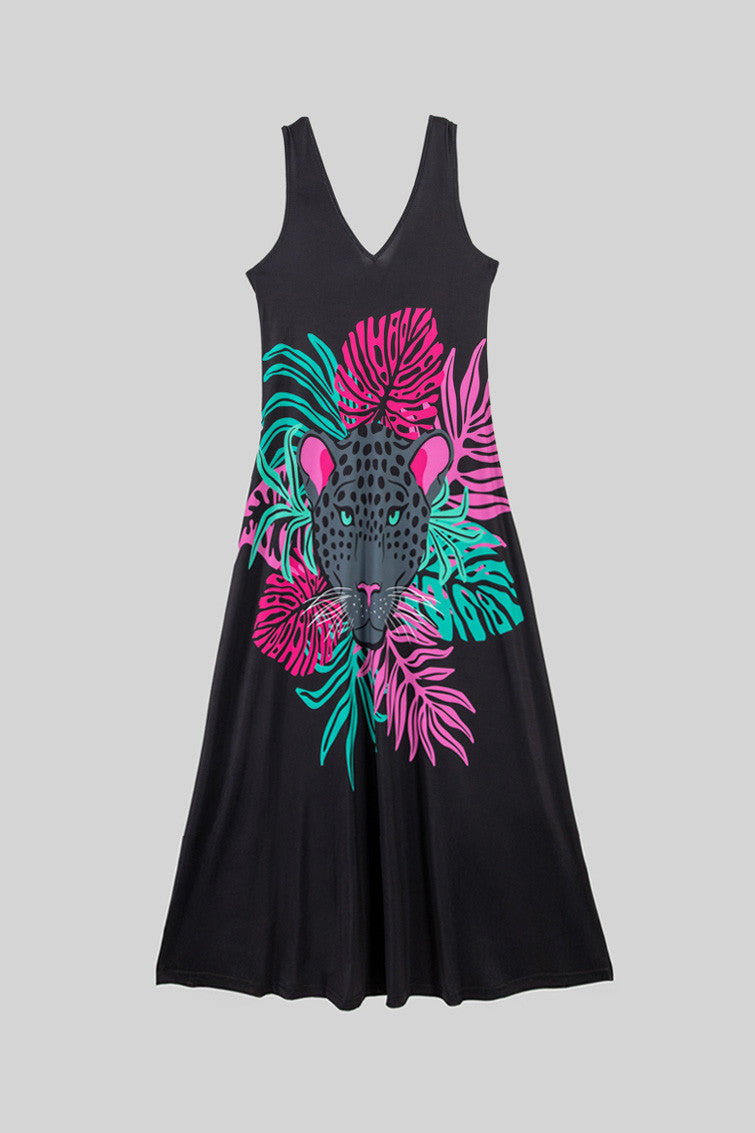 VESTIDO TIRANTES HOJAS Y PANTERAS NOCTURNA LOLINA