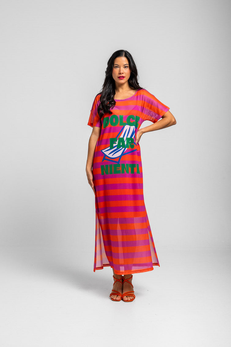 VESTIDO TUL RAYAS ROSA Y NARANJA CON TEXTO DOLCE FAR NIENTE LOLINA