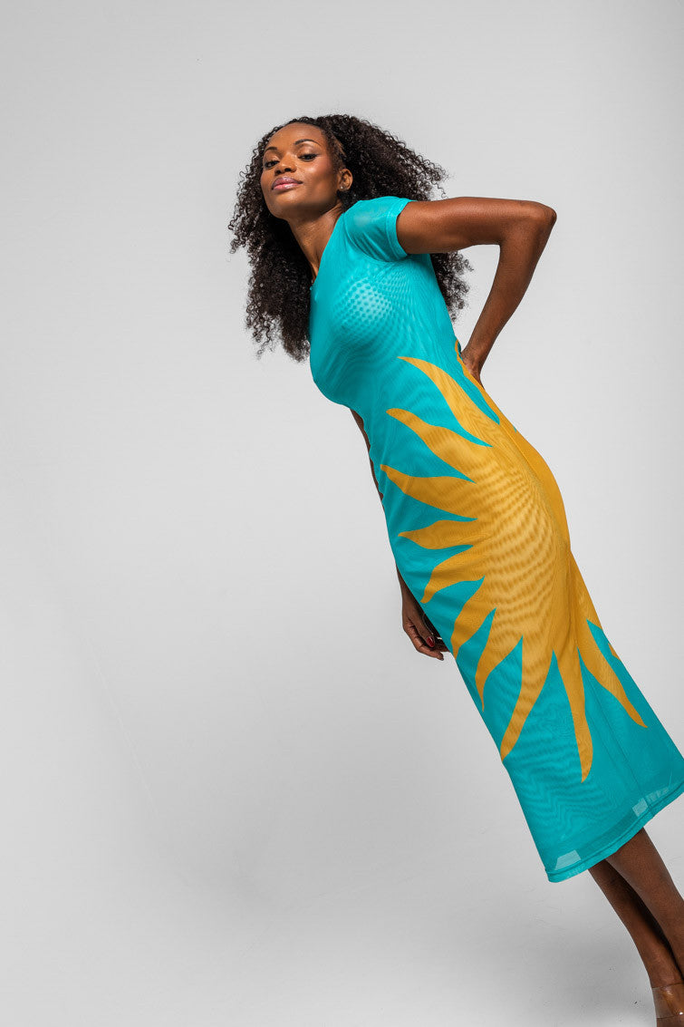 VESTIDO TUL ENTALLADO TURQUESA CON SOL LOLINA