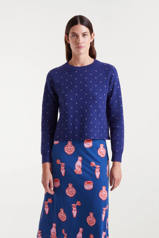 JERSEY PUNTO JACQUARD ESTAMPADO TOPOS MINI NAVY BLUE Y ROSA COMPAÑÍA FANTÁSTICA
