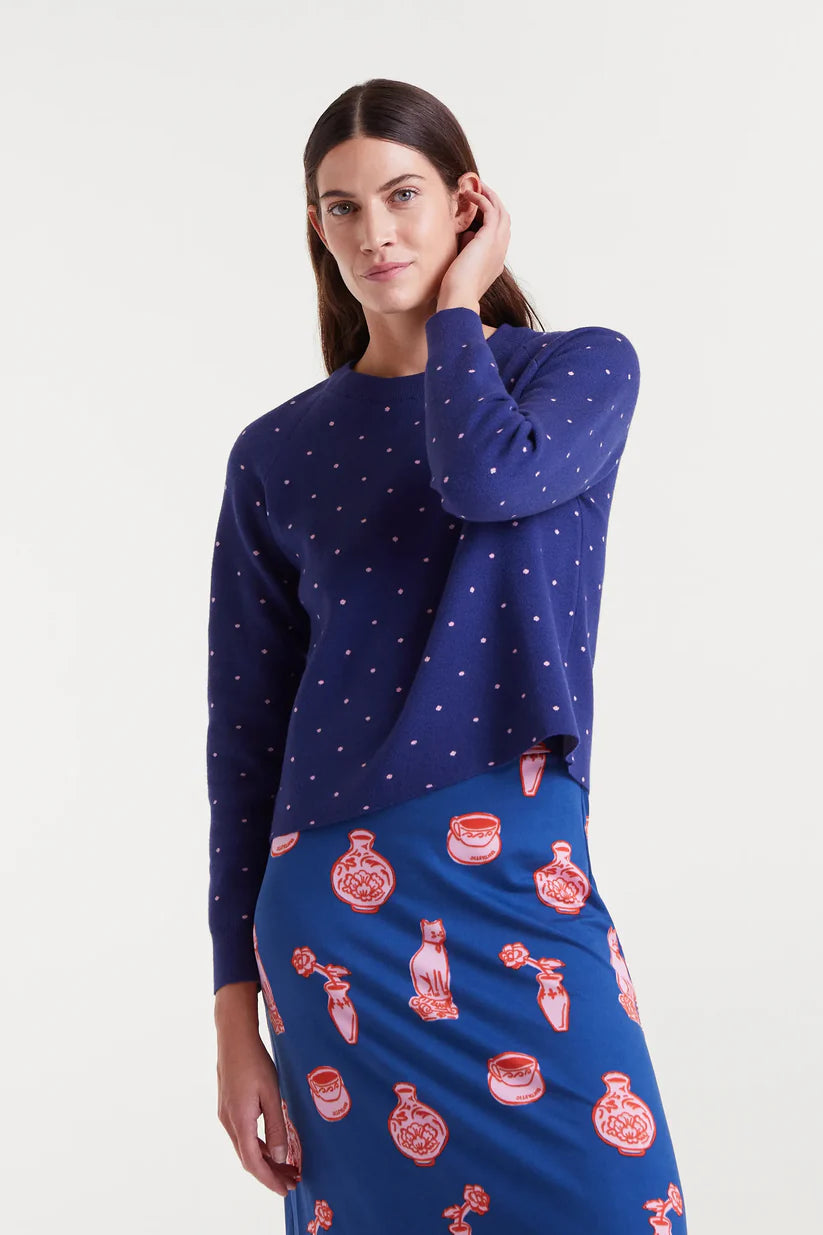 JERSEY PUNTO JACQUARD ESTAMPADO TOPOS MINI NAVY BLUE Y ROSA COMPAÑÍA FANTÁSTICA