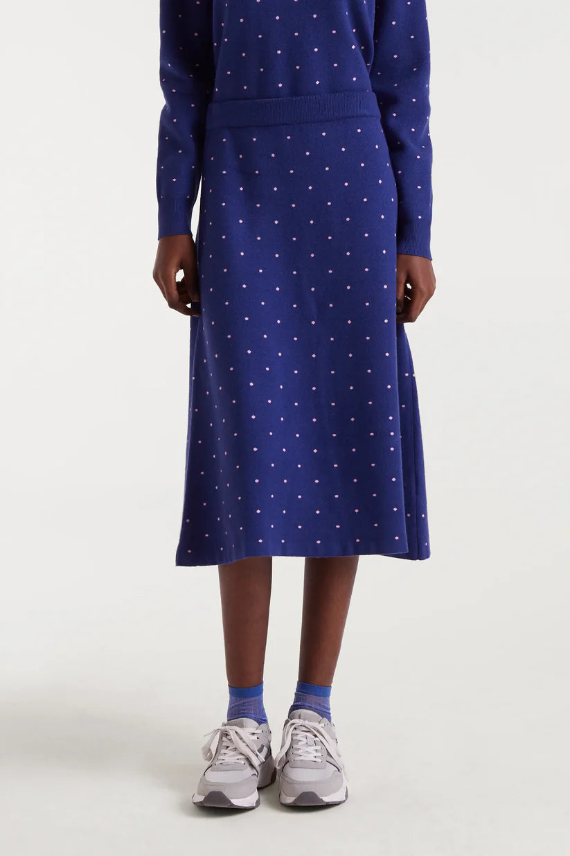 FALDA MIDI PUNTO JACQUARD ESTAMPADO TOPOS MINI NAVY BLUE Y ROSA COMPAÑÍA FANTÁSTICA