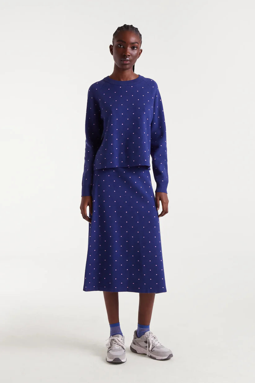 FALDA MIDI PUNTO JACQUARD ESTAMPADO TOPOS MINI NAVY BLUE Y ROSA COMPAÑÍA FANTÁSTICA