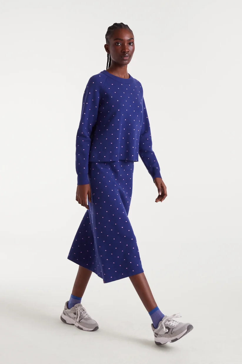 FALDA MIDI PUNTO JACQUARD ESTAMPADO TOPOS MINI NAVY BLUE Y ROSA COMPAÑÍA FANTÁSTICA