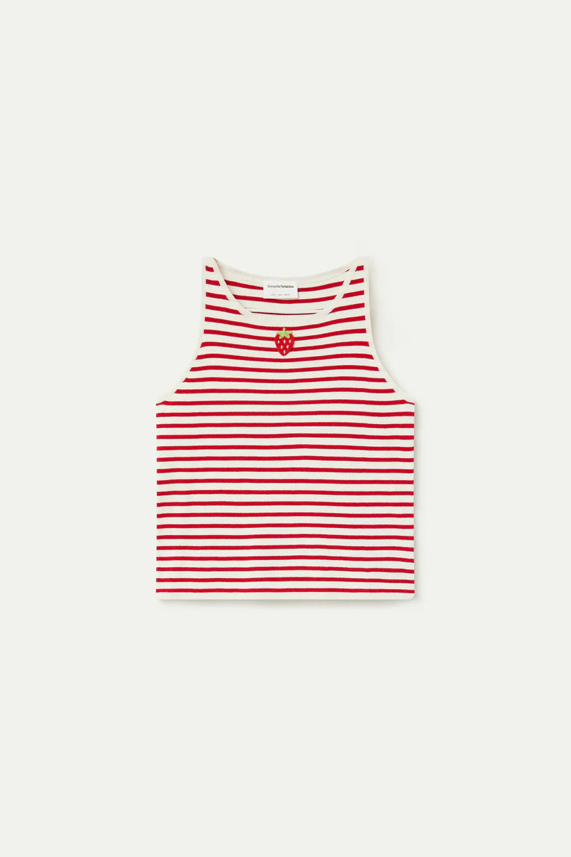 TOP DE RAYAS BLANCO Y ROJO BORDADO DE FRESA COMPAÑÍA FANTÁSTICA