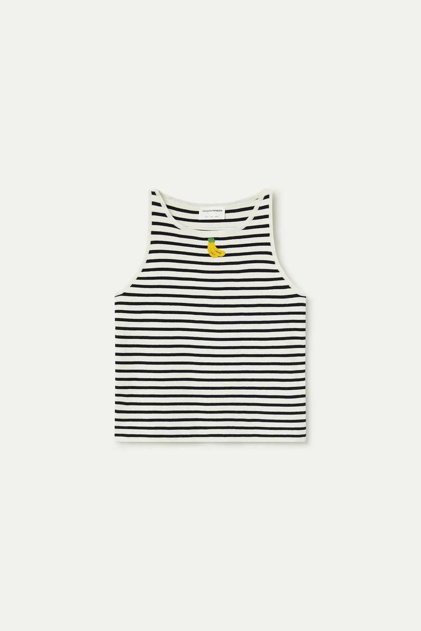 TOP DE RAYAS BLANCO Y NEGRO BORDADO DE BANANA COMPAÑÍA FANTÁSTICA