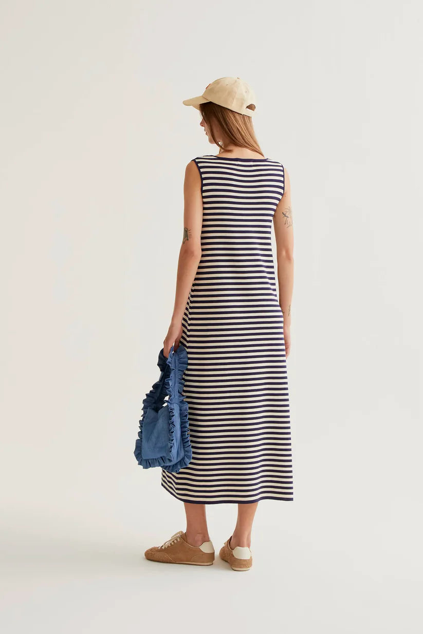 VESTIDO LARGO DE PUNTO RAYAS BLANCO Y AZUL MARINO COMPAÑÍA FANTÁSTICA
