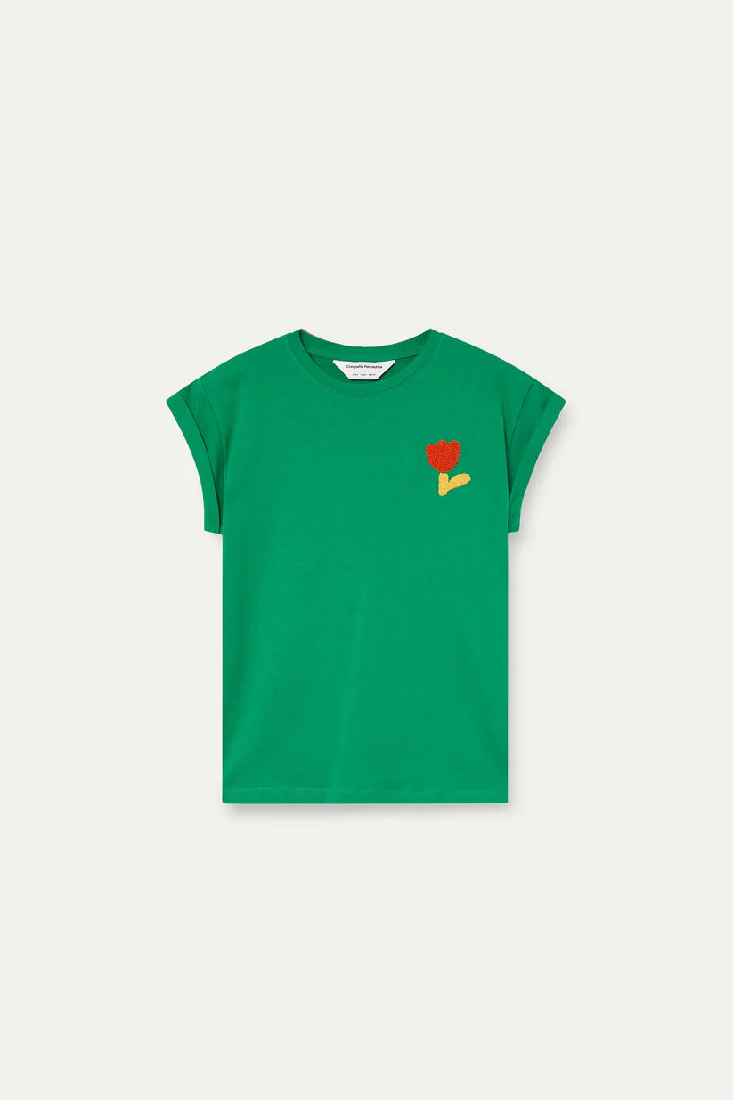 CAMISETA VERDE CON BORDADO DE TULIPÁN ROJO COMPAÑÍA FANTÁSTICA