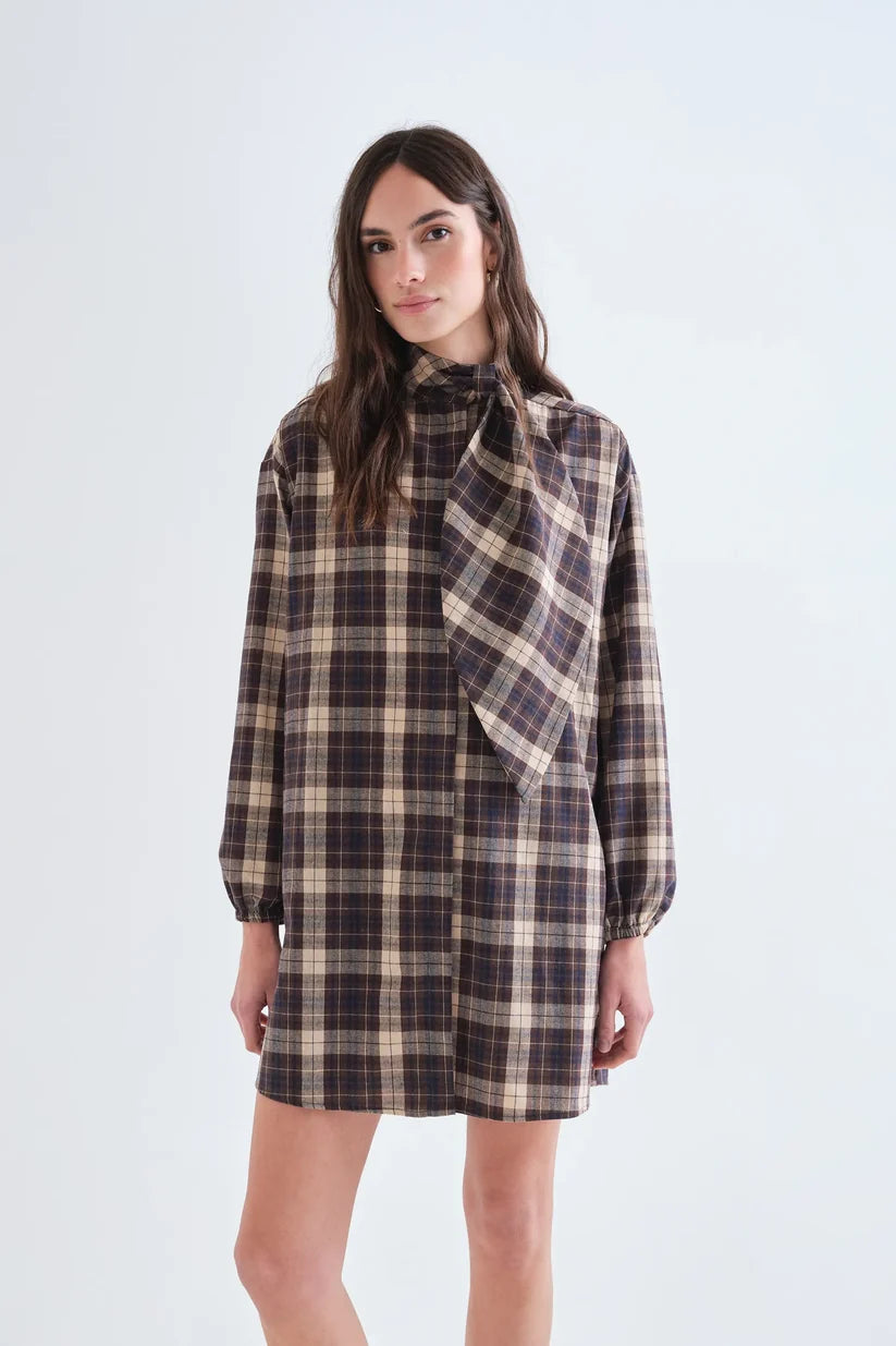 VESTIDO CORTO ESTAMPADO CUADROS MARRÓN COMPAÑÍA FANTÁSTICA