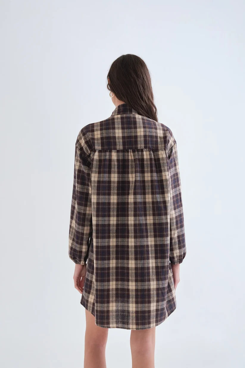 VESTIDO CORTO ESTAMPADO CUADROS MARRÓN COMPAÑÍA FANTÁSTICA
