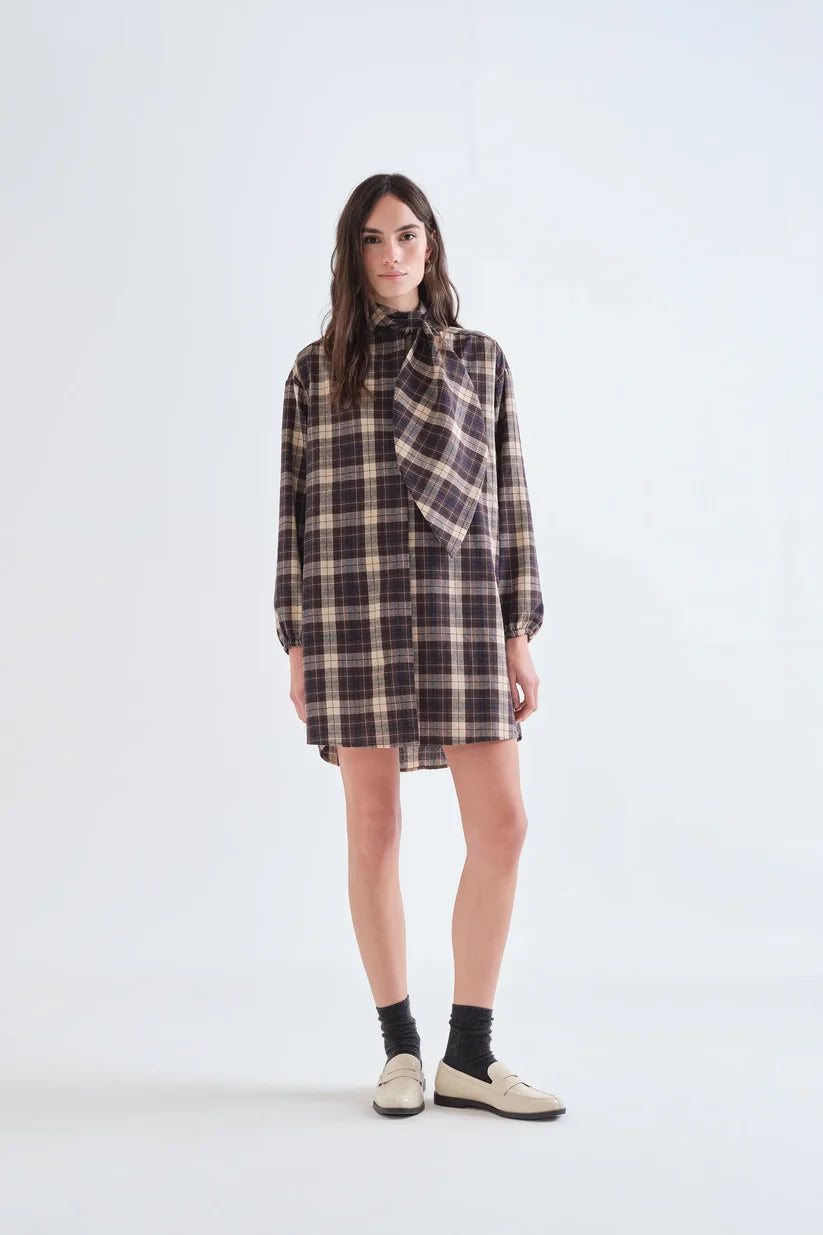 VESTIDO CORTO ESTAMPADO CUADROS MARRÓN COMPAÑÍA FANTÁSTICA