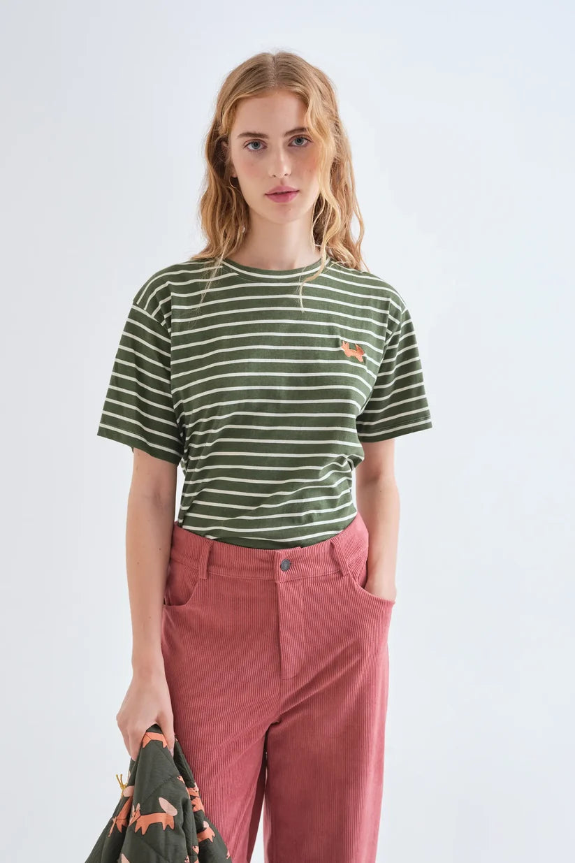 CAMISETA 100% ALGODÓN ESTAMPADO RAYAS VERDE OLIVA COMPAÑÍA FANTÁSTICA