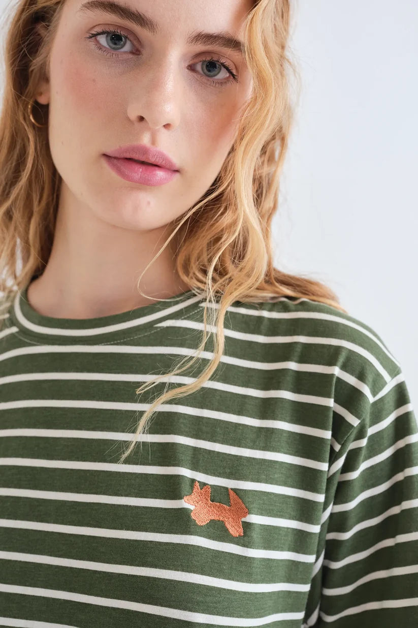 CAMISETA 100% ALGODÓN ESTAMPADO RAYAS VERDE OLIVA COMPAÑÍA FANTÁSTICA