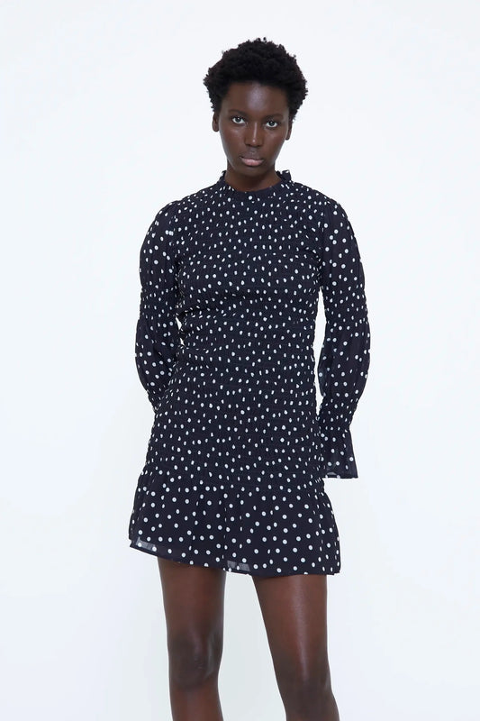 VESTIDO CORTO CON ESTAMPADO DE PUNTOS MINI BLANCO Y NEGRO WILD PONY