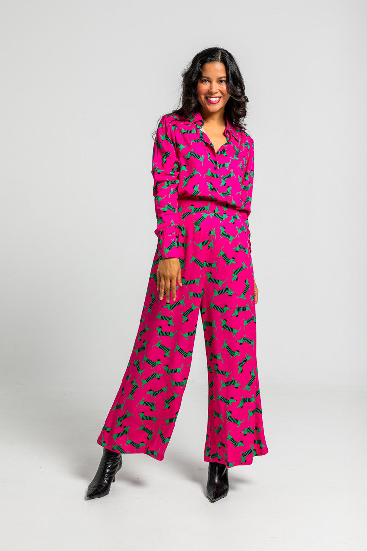 CAMISA DE ESTAMPADO DE PERRITOS FUCSIA Y VERDE LOLINA