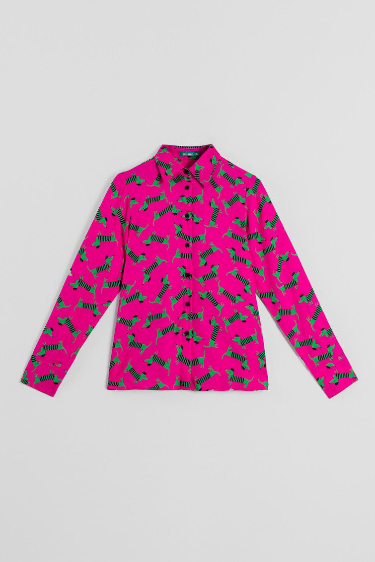 CAMISA DE ESTAMPADO DE PERRITOS FUCSIA Y VERDE LOLINA