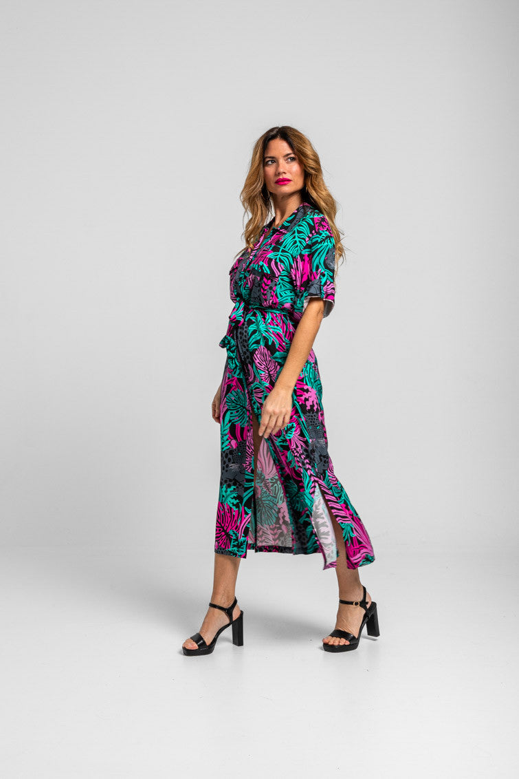 CAMISERO SAFARI MIDI DE HOJAS Y PANTERAS NOCTURNA LOLINA