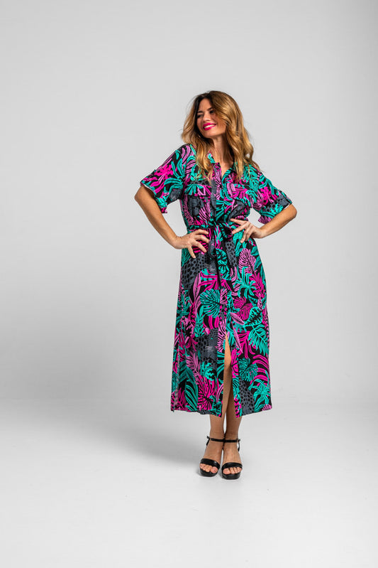 CAMISERO SAFARI MIDI DE HOJAS Y PANTERAS NOCTURNA LOLINA