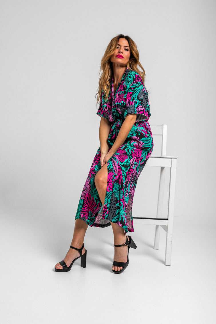 CAMISERO SAFARI MIDI DE HOJAS Y PANTERAS NOCTURNA LOLINA