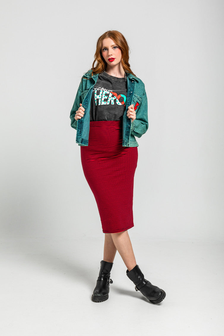 FALDA MIDI ELÁSTICA DE RAYA ROJA Y NEGRA LOLINA