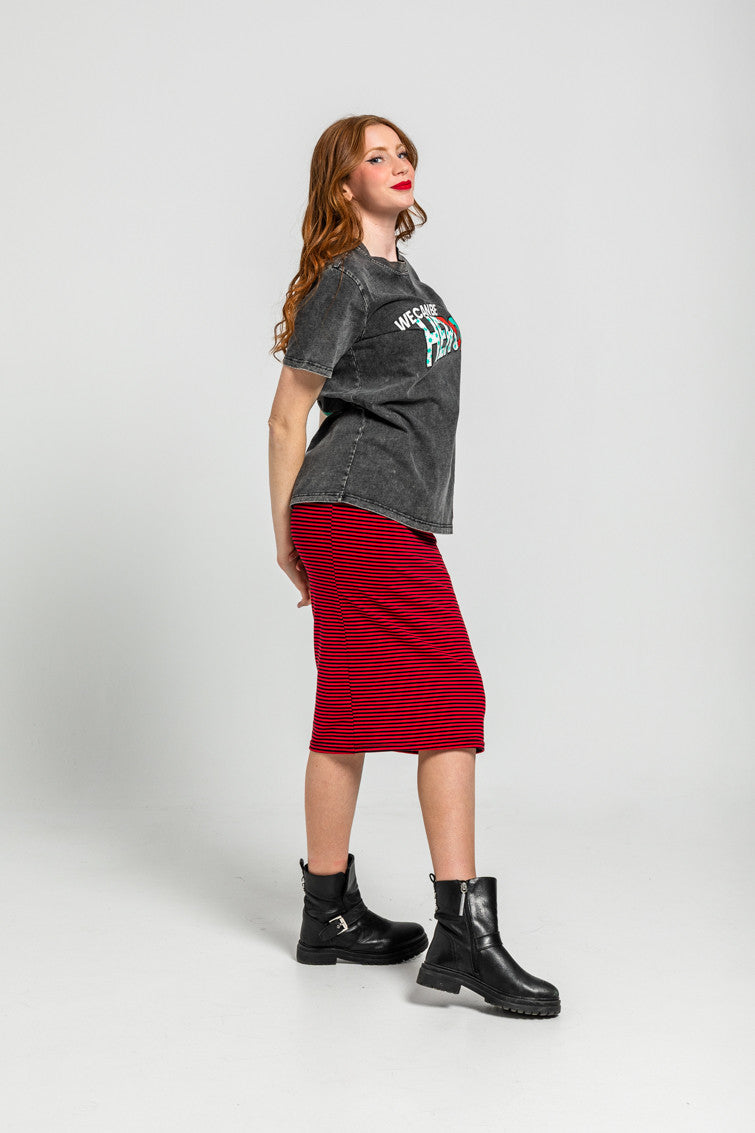 FALDA MIDI ELÁSTICA DE RAYA ROJA Y NEGRA LOLINA