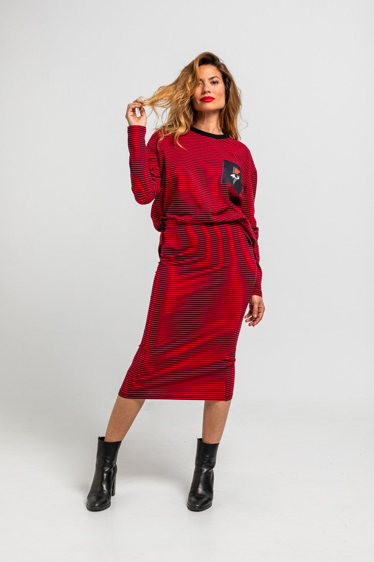 FALDA MIDI ELÁSTICA DE RAYA ROJA Y NEGRA LOLINA