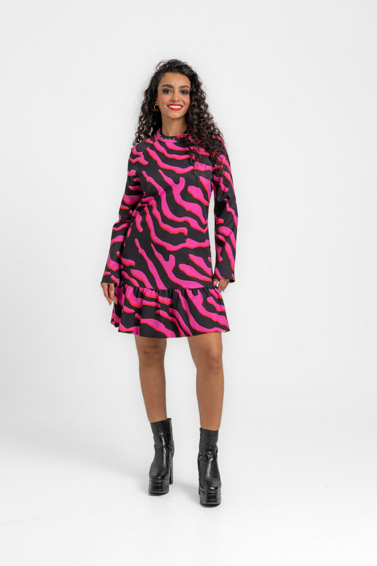 VESTIDO BALLON CON VOLANTE Y TACHUELAS EN CUELLO FEM REX LOLINA
