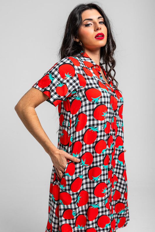 VESTIDO CAMISERO DE TOMATES Y VICHI BLANCO Y NEGRO POMODORI LOLINA
