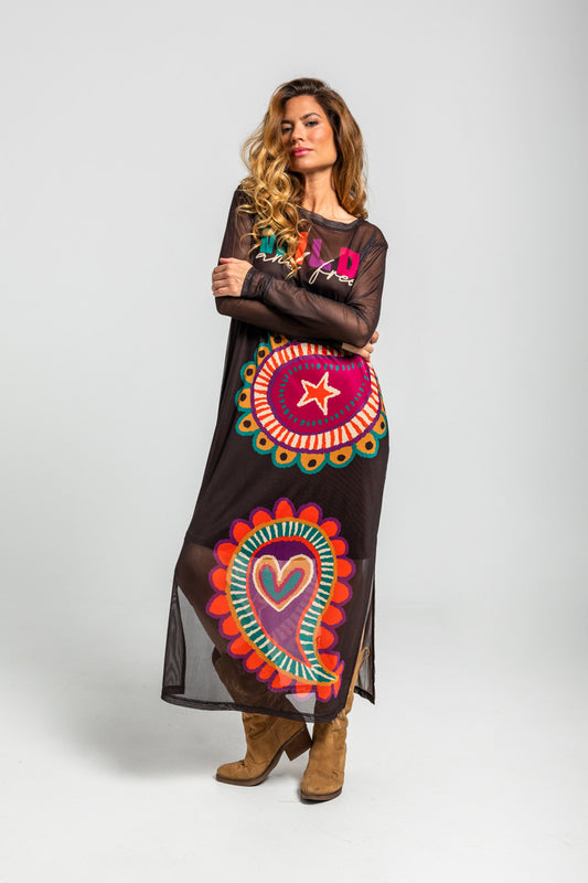VESTIDO CAMISETA LARGO TUL DE ESTAMPADO PAISLEY MARRÓN LOLINA