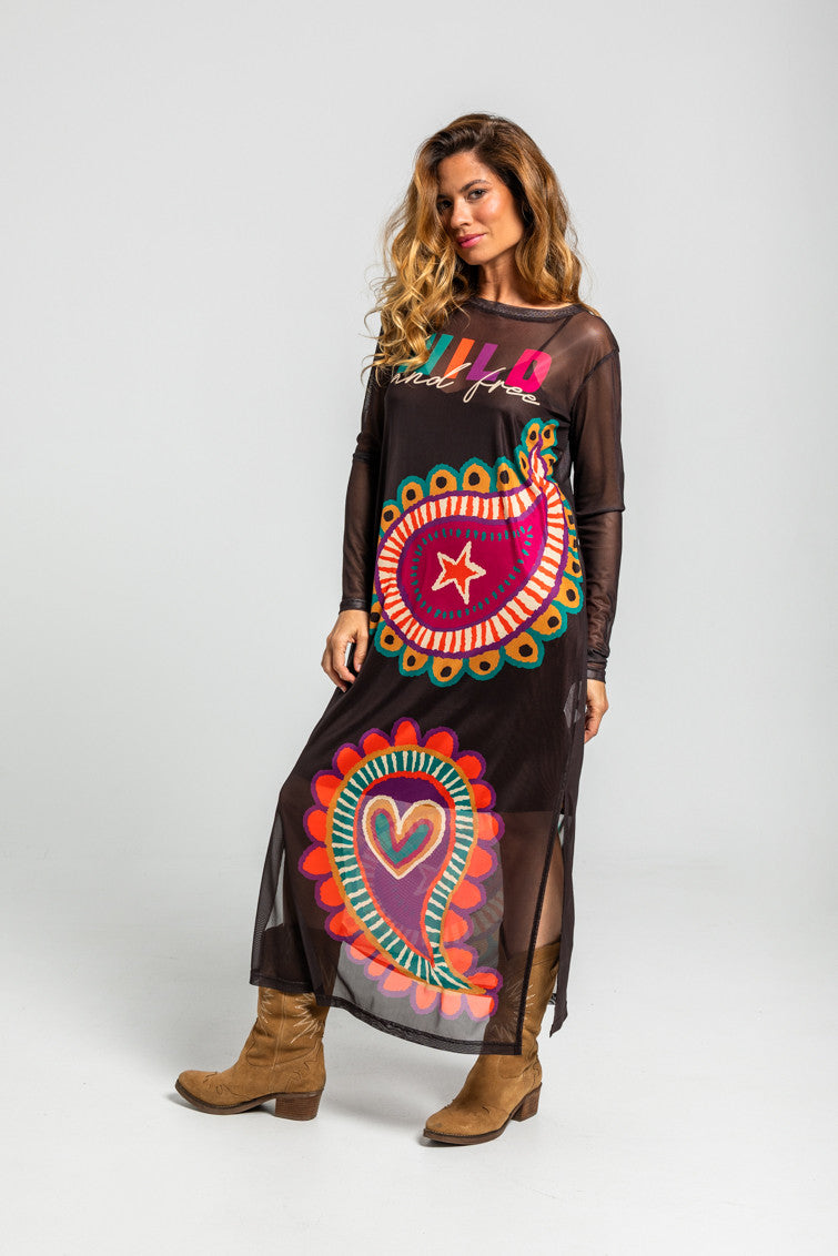 VESTIDO CAMISETA LARGO TUL DE ESTAMPADO PAISLEY MARRÓN LOLINA