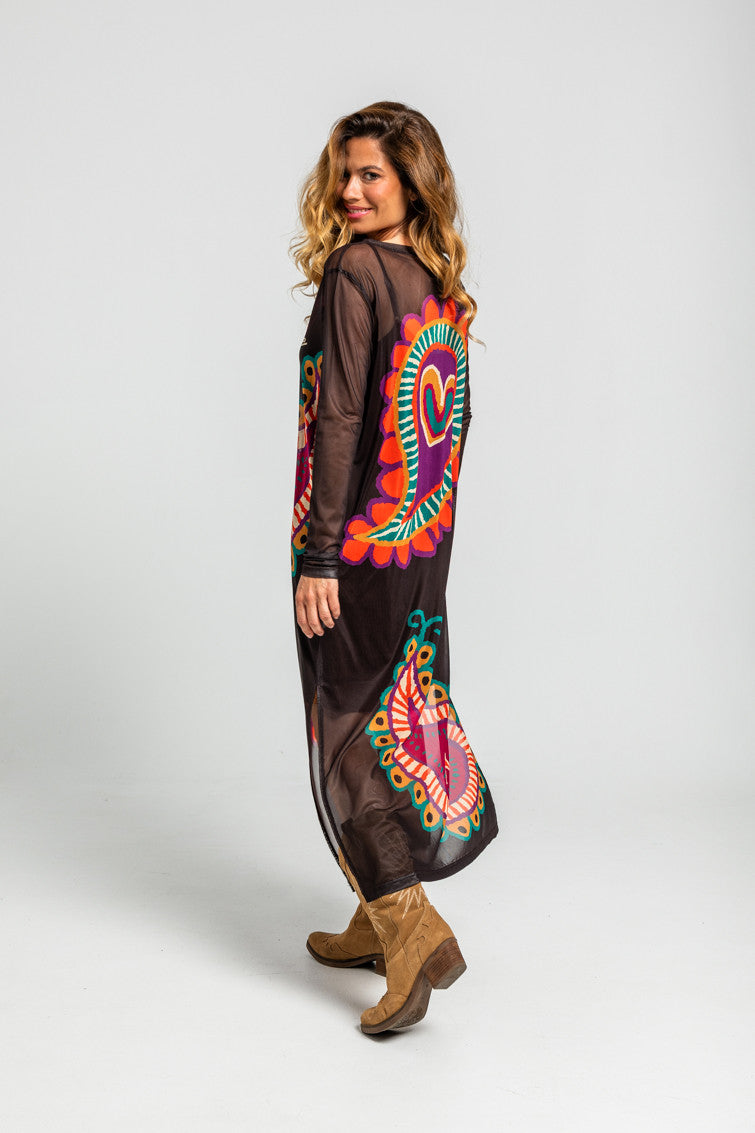 VESTIDO CAMISETA LARGO TUL DE ESTAMPADO PAISLEY MARRÓN LOLINA