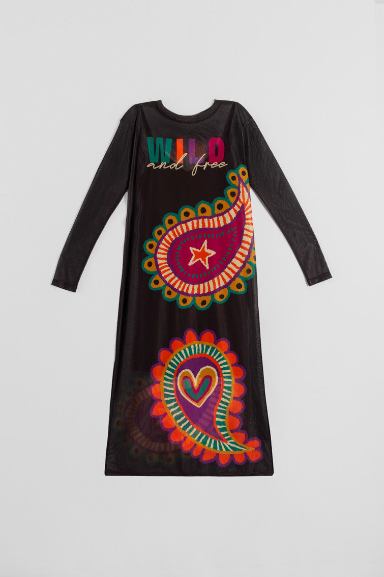 VESTIDO CAMISETA LARGO TUL DE ESTAMPADO PAISLEY MARRÓN LOLINA