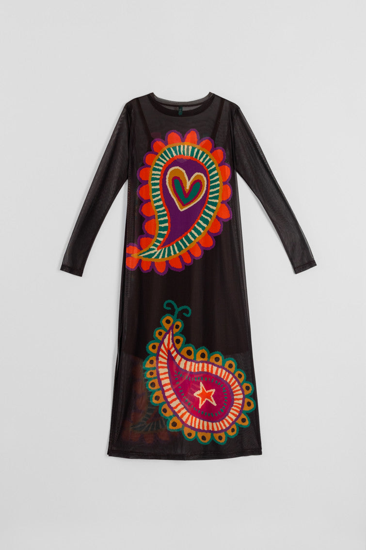 VESTIDO CAMISETA LARGO TUL DE ESTAMPADO PAISLEY MARRÓN LOLINA