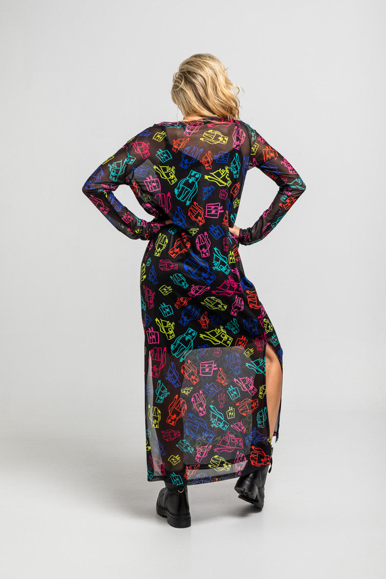 VESTIDO CAMISETA LARGO TUL DE GARABATOS DE ROBOTS MULTICOLOR LOLINA
