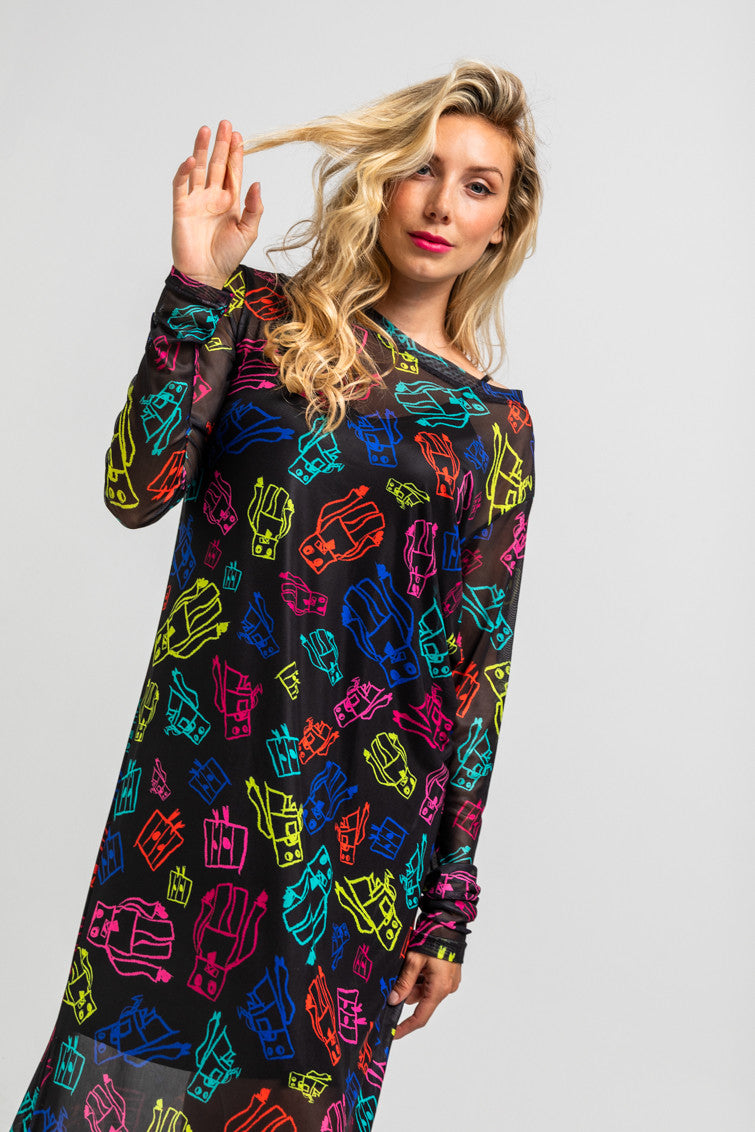VESTIDO CAMISETA LARGO TUL DE GARABATOS DE ROBOTS MULTICOLOR LOLINA