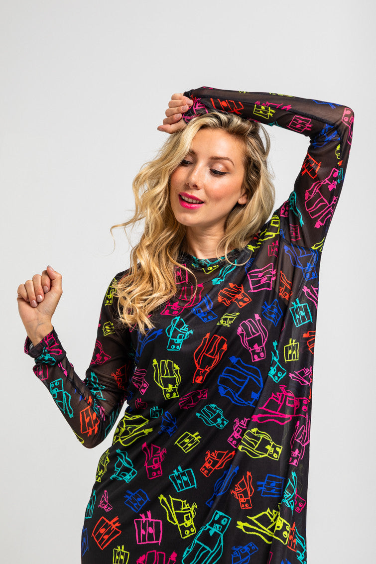 VESTIDO CAMISETA LARGO TUL DE GARABATOS DE ROBOTS MULTICOLOR LOLINA