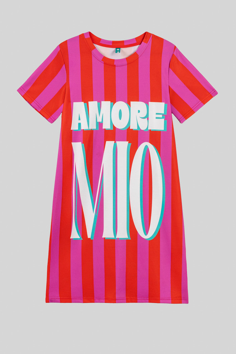 VESTIDO CAMISETA DE RAYAS ROSA Y ROJO CON TEXTO AMORE LOLINA