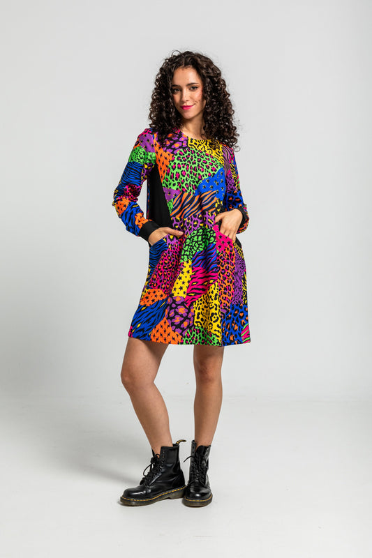 VESTIDO CORTE A BOLSILLOS DE ESTAMPADO VARIADO ANIMAL PRINT LOLINA