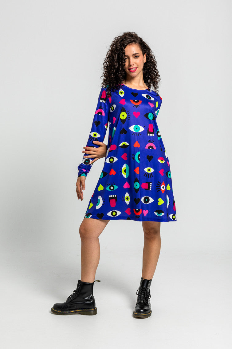 VESTIDO CORTE A DE OJOS, CORAZONES Y BOCAS LOLINA