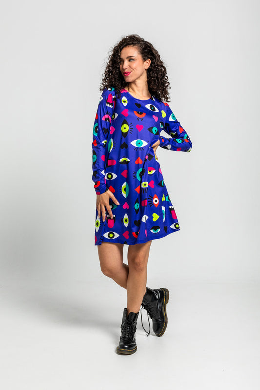 VESTIDO CORTE A DE OJOS, CORAZONES Y BOCAS LOLINA