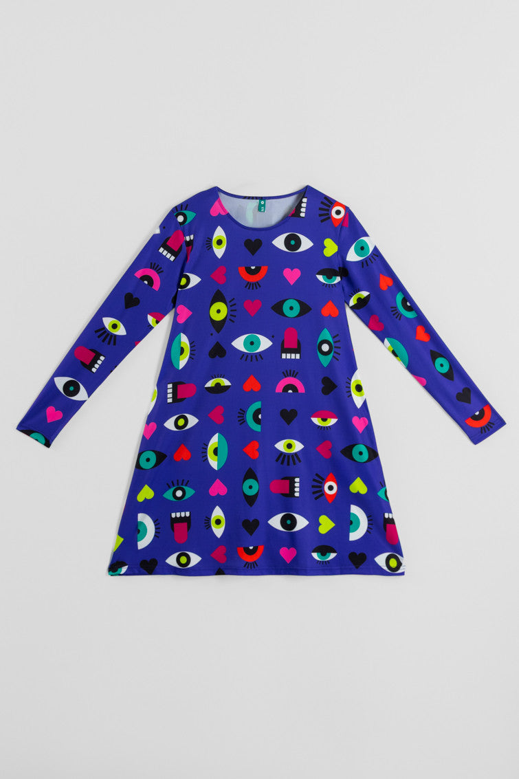 VESTIDO CORTE A DE OJOS, CORAZONES Y BOCAS LOLINA