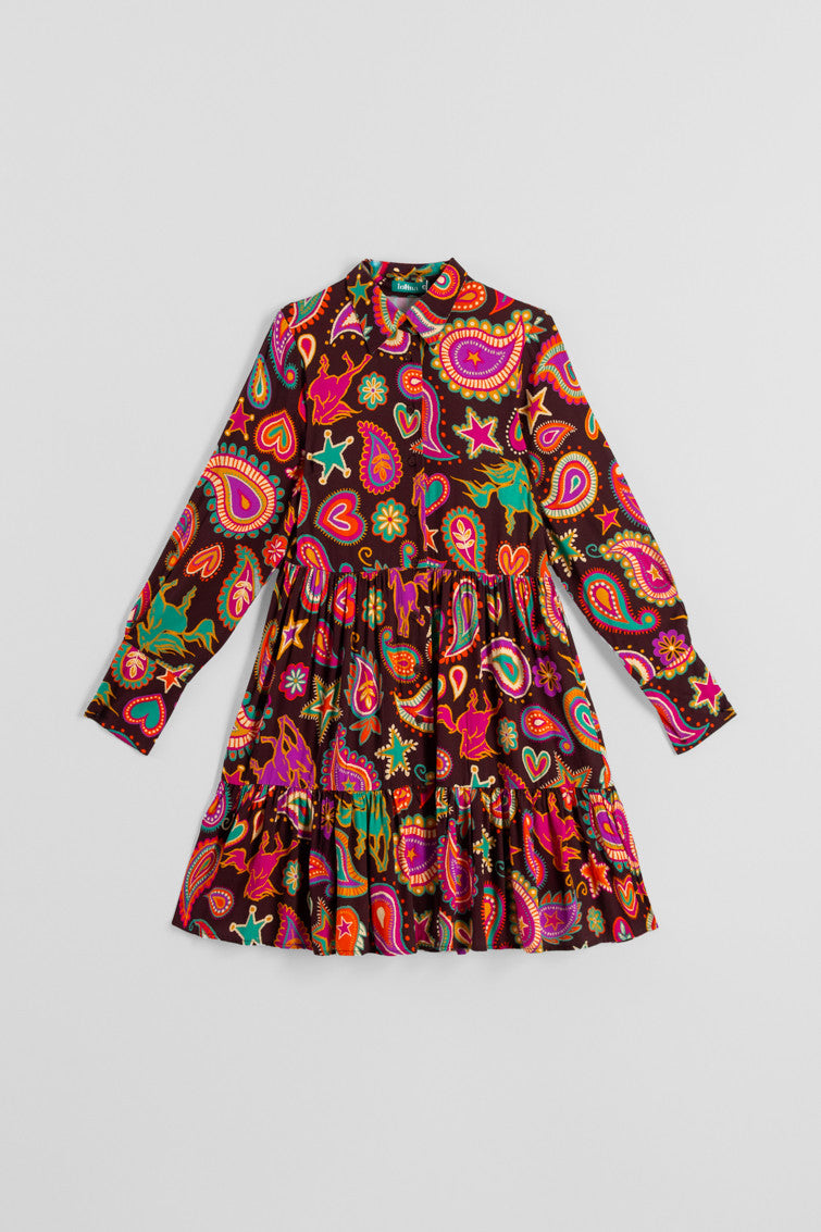 VESTIDO CUELLO VOLANTES DE ESTAMPADO PAISLEY MARRÓN LOLINA