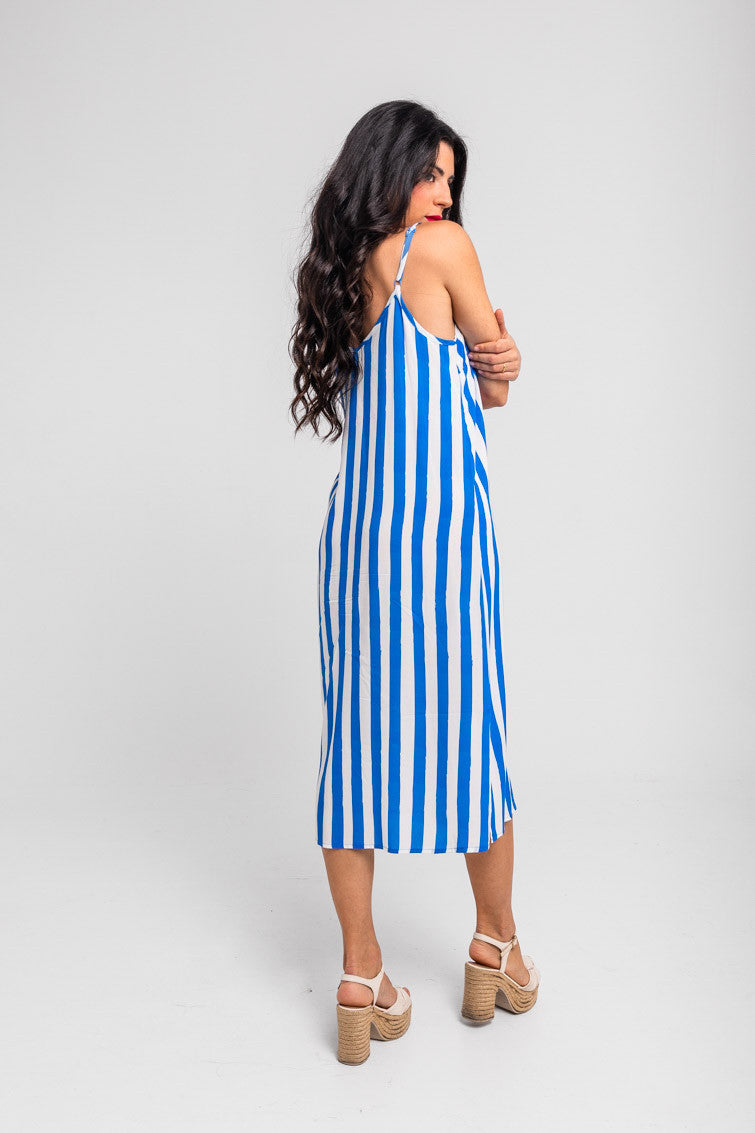 VESTIDO LENCERO DE RAYAS BLANCO Y AZUL TEXTO DOLCE ROJO LOLINA