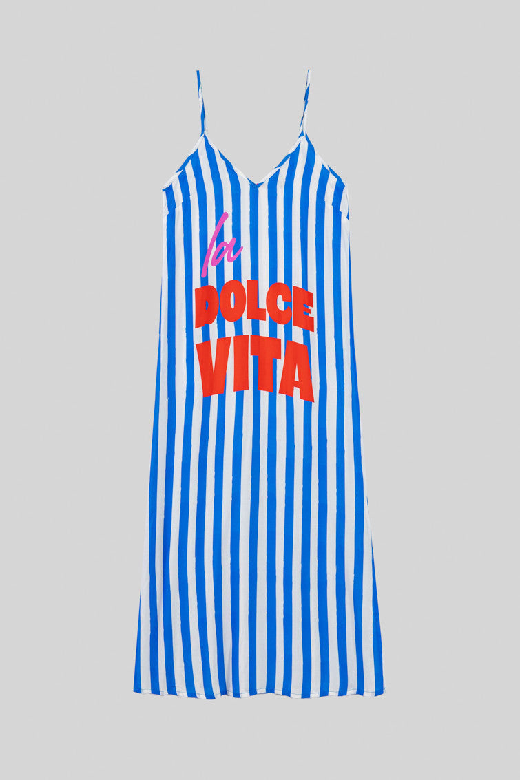 VESTIDO LENCERO DE RAYAS BLANCO Y AZUL TEXTO DOLCE ROJO LOLINA